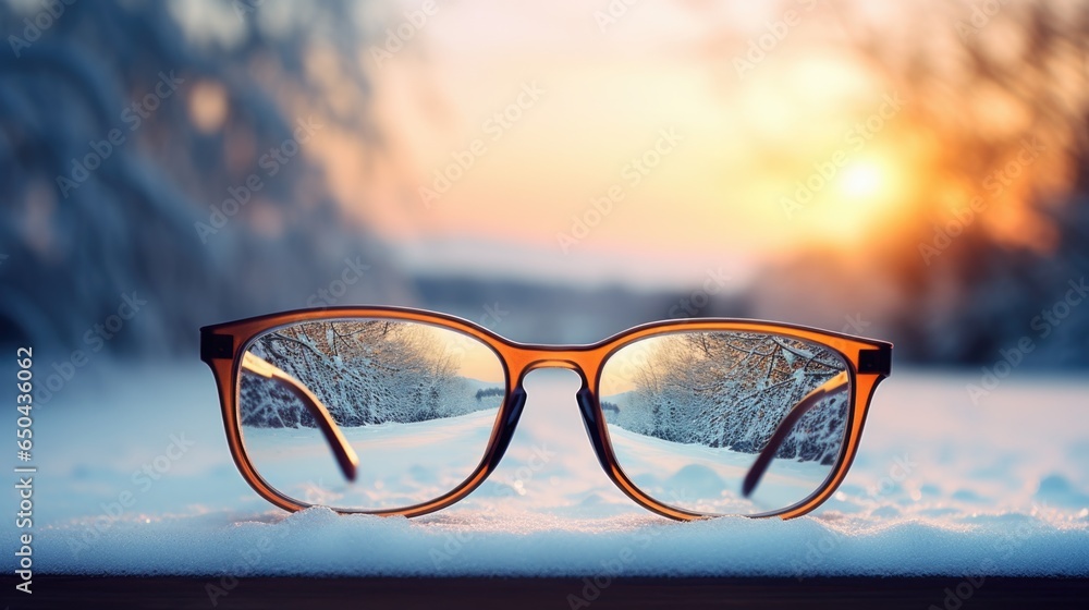 A pair of glasses sitting on top of snow covered ground. Photorealistic AI. - obrazy, fototapety, plakaty 