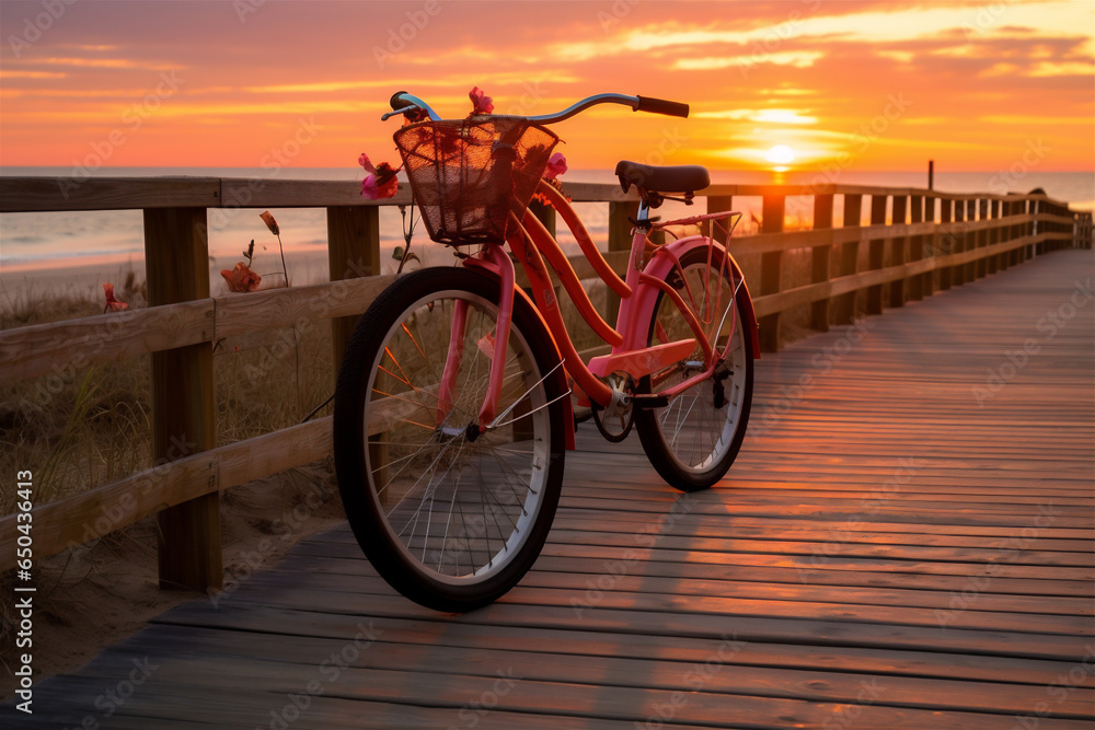 A Beach Cruiser Bicycle on a Boardwalk Next to the Beach at Sunset, Golden Hour, Generative AI A Beach Cruiser Bicycle on a Boardwalk Next to the Beach at Sunset, Golden Hour, Generative AI