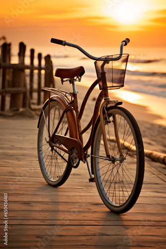 A Beach Cruiser Bicycle on a Boardwalk Next to the Beach at Sunset, Golden Hour, Generative AI