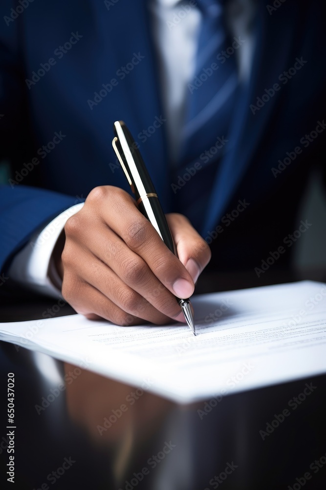 Businessman signing a major financial contract. Generative AI Businessman signing a major financial contract. Generative AI