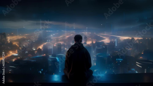 A Technomancer sits crosslegged on a rooftop, surrounded by a swirling vortex of holographic screens displaying intricate binary code, using their mind to decipher hidden secrets buried photo