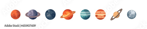 Solar system planets set flat cartoon isolated on white background. Vector isolated illustration