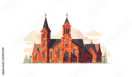 Old church building flat cartoon isolated on white background. Vector illustration