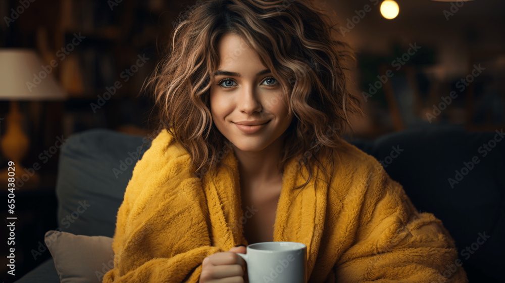 Gemütlicher Herbst Morgen: Junge Frau genießt eine Tasse Kaffee oder Tee in ihrem behaglichen und kuscheligen Zuhause. Warmgetränk. Frau hält Tasse. Kuscheln und entspannen Zuhause im Herbst.  - obrazy, fototapety, plakaty 