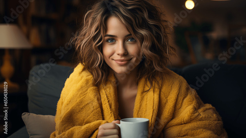 Gemütlicher Herbst Morgen: Junge Frau genießt eine Tasse Kaffee oder Tee in ihrem behaglichen und kuscheligen Zuhause. Warmgetränk. Frau hält Tasse. Kuscheln und entspannen Zuhause im Herbst.  photo