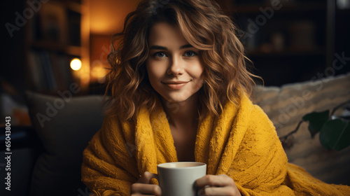 Gemütlicher Herbst Morgen: Junge Frau genießt eine Tasse Kaffee oder Tee in ihrem behaglichen und kuscheligen Zuhause. Warmgetränk. Frau hält Tasse. Kuscheln und entspannen Zuhause im Herbst. 