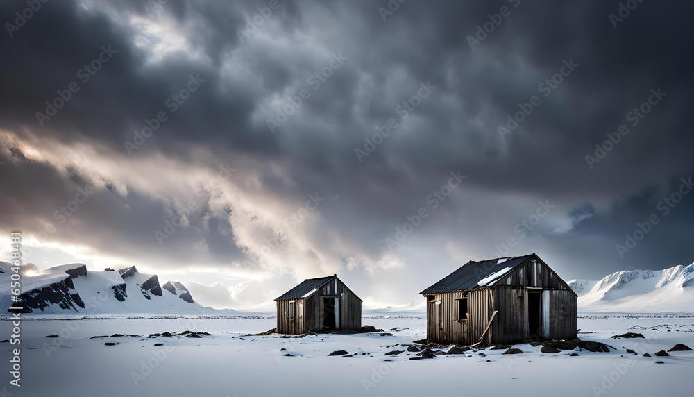 an old abandoned wooden boat surrounded by floating ice in an arctic ocean landscape with a dramatic cloudy sky