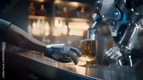 A durasteel cyberarm, adorned with sleek augmentations, effortlessly juggles bottles and spills not a single drop as the bartender showcases their dexterity and control.