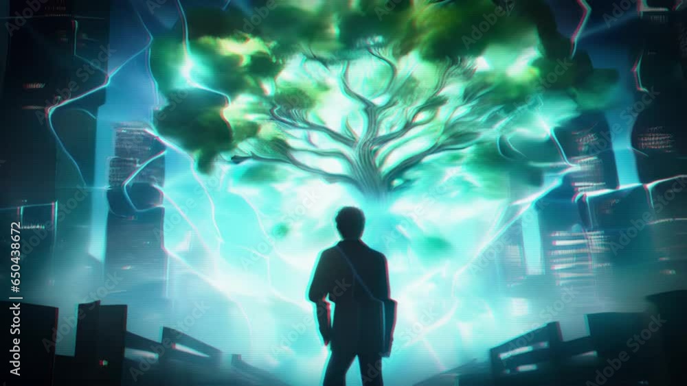 A Genetic Hacker is depicted standing next to a fullygrown, genetically engineered tree with bioluminescent leaves, creating a mesmerizing glow within a dark cyberpunk city, demonstrating A Genetic Hacker is depicted standing next to a fullygrown, genetically engineered tree with bioluminescent leaves, creating a mesmerizing glow within a dark cyberpunk city, demonstrating