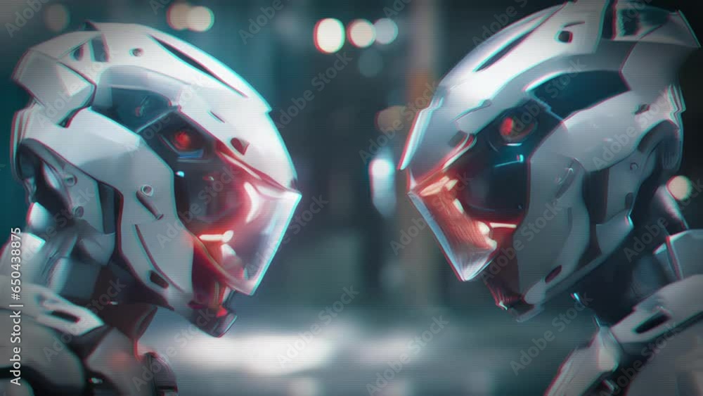 In a futuristic arena, two combat cyborgs face off, their armored frames emitting a faint hum as they prepare to engage in a deadly battle of heavy weaponry. In a futuristic arena, two combat cyborgs face off, their armored frames emitting a faint hum as they prepare to engage in a deadly battle of heavy weaponry.