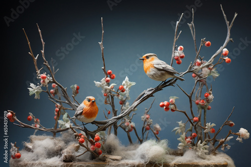 Quaint Robin Figurines Perched On Frosted Branches © Stock Habit