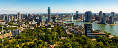 Aerial panorama of Rotterdam city and the Erasmus bridge, Netherlands
