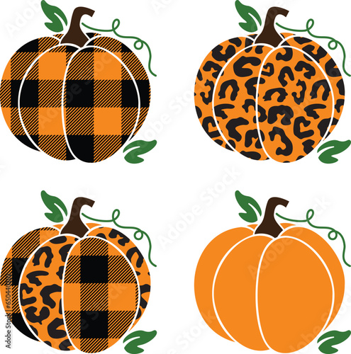 Plaid and leopard print pumpkin Fall Halloween designs. Four pumpkin variations in Plaid, leopard, combo and plain.