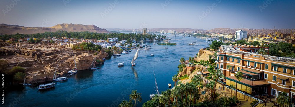 Birds Eye View of Nile River in Aswan Egypt with Ancient Dig Site and Boats