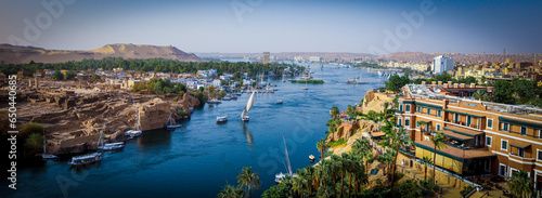 Birds Eye View of Nile River in Aswan Egypt with Ancient Dig Site and Boats © Ryan Neith