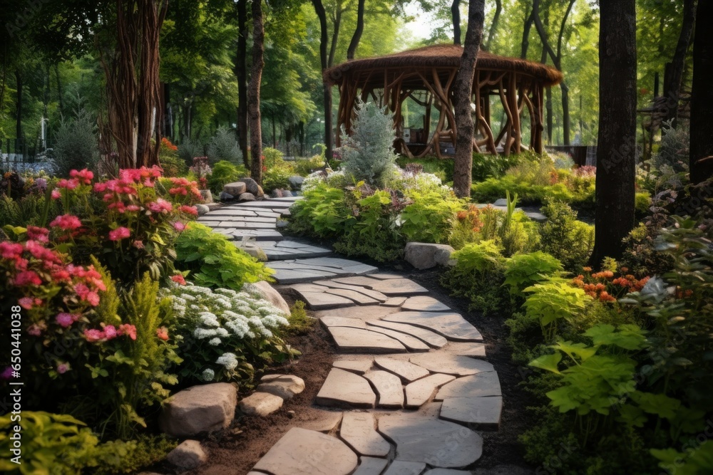 Backyard Garden Modern Design Landscaping. Landscaped Back Yard. Decorative Garden With Pathway Or Walkway From Stone And Rocks Or Gravel. Back Yard Or Park Lawn With Stony Natural landscaping. Backyard Garden Modern Design Landscaping. Landscaped Back Yard. Decorative Garden With Pathway Or Walkway From Stone And Rocks Or Gravel. Back Yard Or Park Lawn With Stony Natural landscaping.