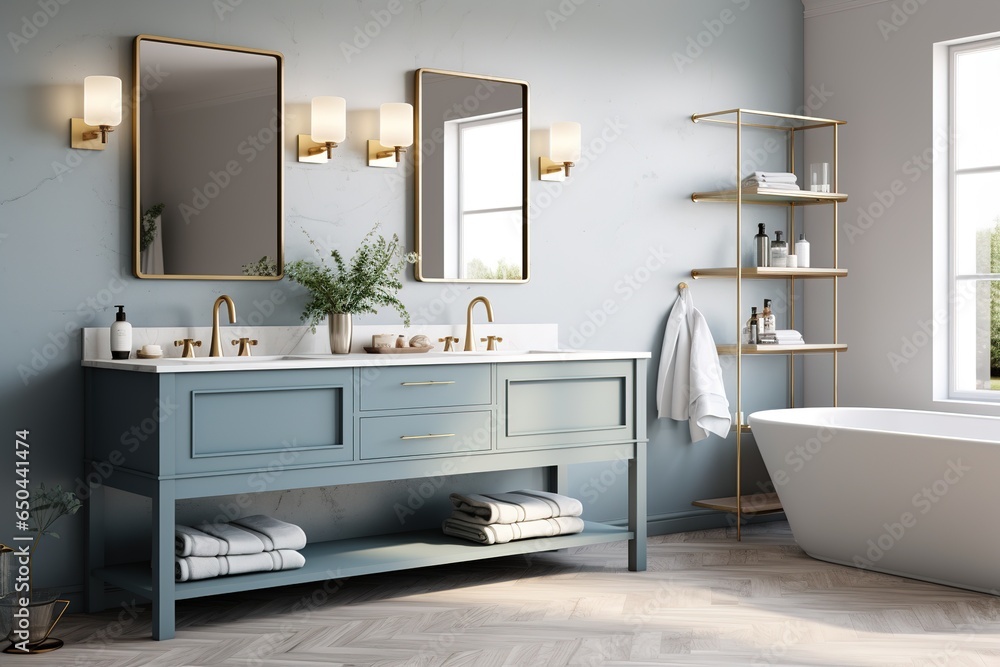 Modern bathroom interior with blue double vanity - obrazy, fototapety, plakaty 