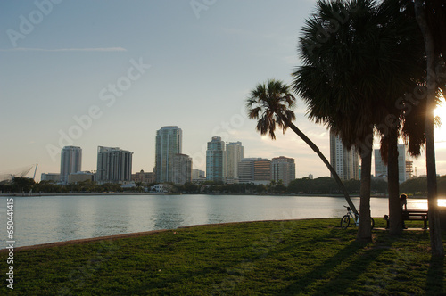 Vinoy Yacht Basin Marina in St. Petersburg, Florida and Park in the late afternoon sun. Person by tree and bicycle Boats and skyline buildings in the background. Green grass. photo