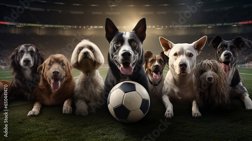 Group of dogs playing soccer in soccer stadium. Stadium full of people with flags. Dramatic lighting. Dark black color palette. Cinematic perspective. Soccer scenes. Front view. © MadSwordfish