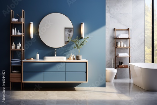 Modern bathroom interior with blue double vanity photo