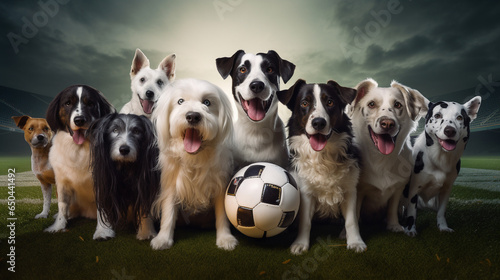 Group of dogs playing soccer in soccer stadium. Stadium full of people with flags. Dramatic lighting. Dark black color palette. Cinematic perspective. Soccer scenes. Front view.