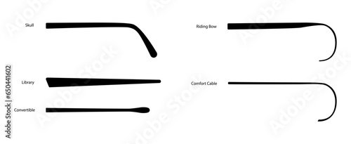 Set of temples Arm Eye frame glasses fashion accessory illustration. Sunglass part silhouette style, flat spectacles eyeglasses sketch style outline isolated on white background