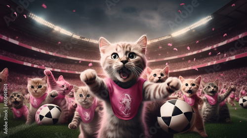 Group of cats playing soccer in soccer stadium. stadium full of people with flags. Pink color palette. Cinematic perspective. Soccer scenes. Front view. © MadSwordfish