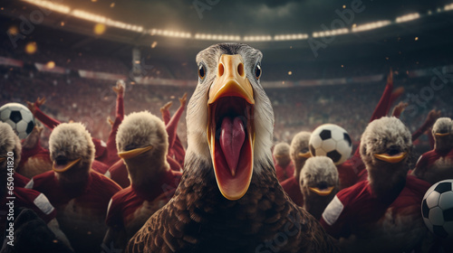 Group of ducks playing soccer in soccer stadium. stadium full of people with flags. Dark red color palette. Cinematic perspective. Soccer scenes. Front view. photo