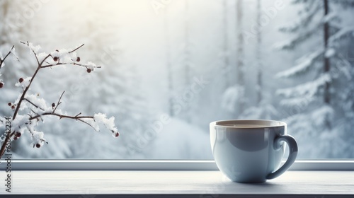 A cup of coffee sitting on a window sill. Photorealistic AI. Romantic wintertime background. photo