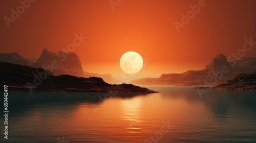 In this captivating image, a brilliant orange glow engulfs the horizon as the sun sets behind Titan, casting an otherworldly light across its mysterious landscape. Mod3f © Justlight