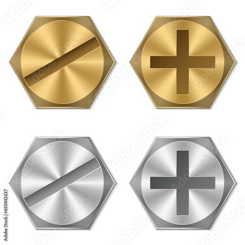 Realistic bolt heads. Golden and silver bolt heads. Gold and metal screw. Metallic hardware elements. Vector illustration