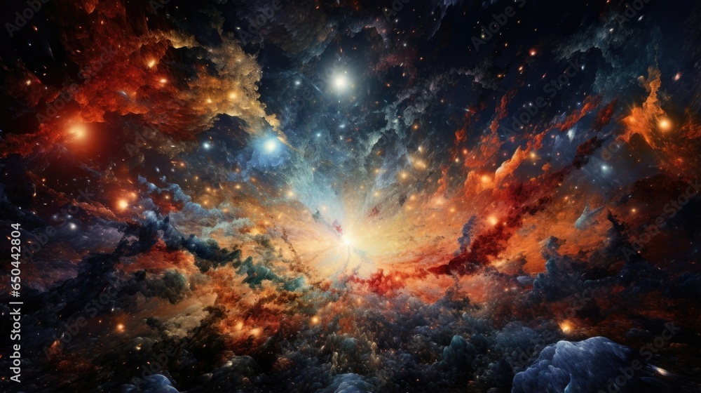 This captivating space photograph exhibits the transformative power of cosmic inflation, displaying a myriad of celestial objects fleeing from one another, resulting in a breathtaking Mod3f - obrazy, fototapety, plakaty 