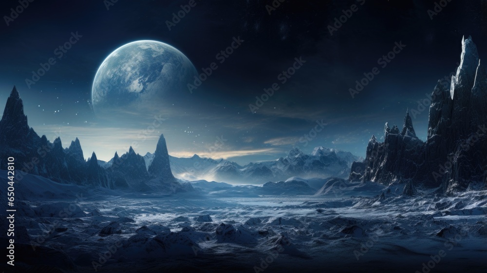 A striking image capturing the grandeur of Europas towering ice cliffs reaching towards the endless sky, showcasing the moons geological drama and history etched into its frozen landscape. Mod3f - obrazy, fototapety, plakaty 