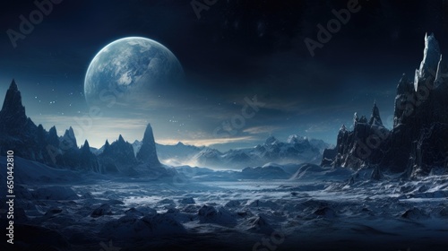 A striking image capturing the grandeur of Europas towering ice cliffs reaching towards the endless sky, showcasing the moons geological drama and history etched into its frozen landscape. Mod3f
