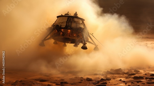 A breathtaking image capturing the dramatic descent of the rovers landing module against a backdrop of swirling dust storms, marking the beginning of its exploration mission. Mod3f