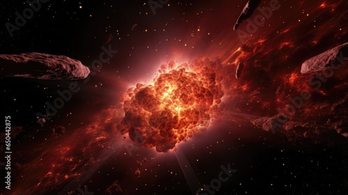 This aweinspiring photograph unveils a cosmic event of immense magnitude, as a colossal asteroid hurtles towards a blazing red giant star, producing a visual spectacle of intense Mod3f