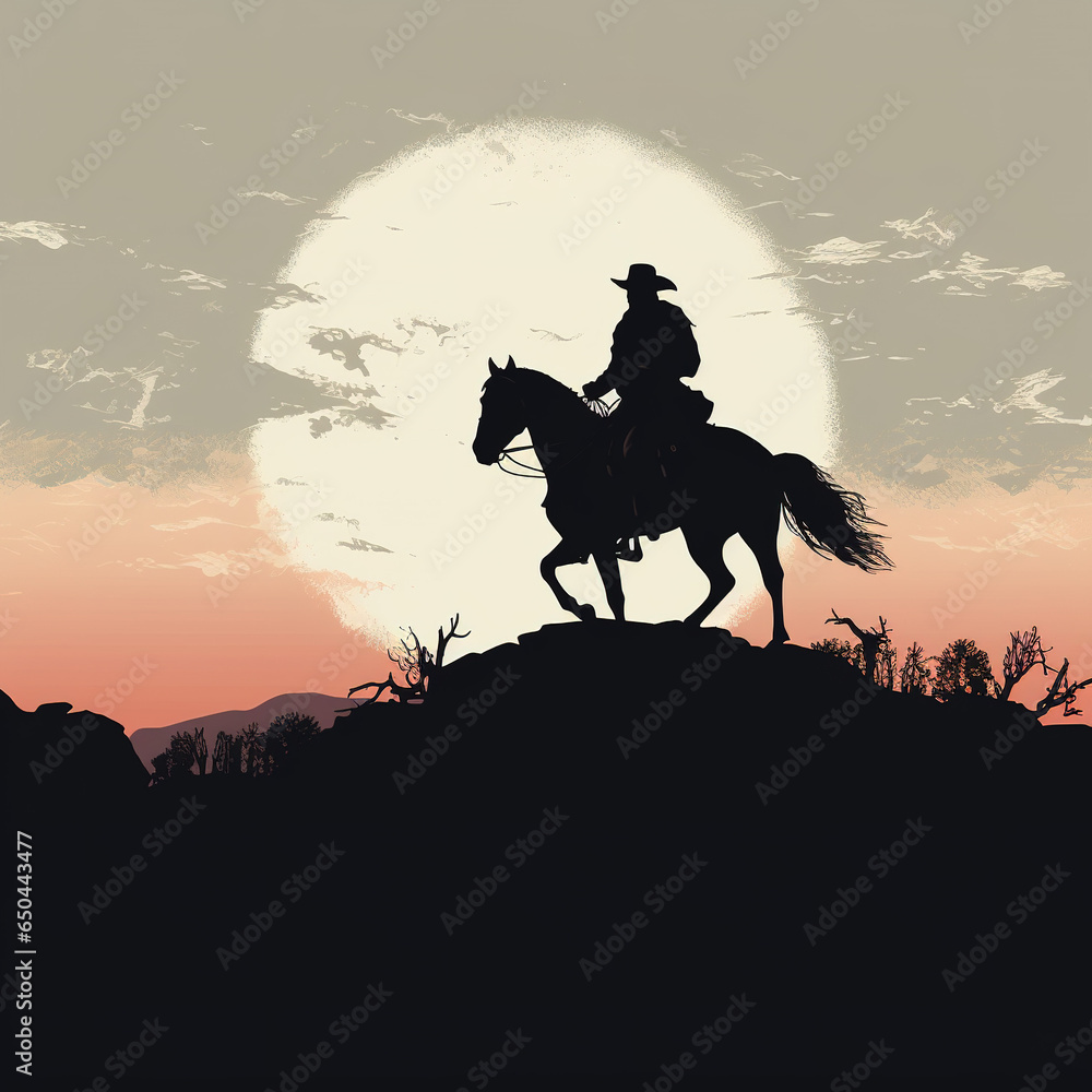 Cowboy riding a horse at sunset, silhouette only, side view, wild west americana style. Western poster, t shirt. Texas orange background, tritone, screenprinted