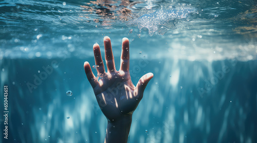 Human hand with open palm underwater in swimming pool, blue water. Creative concept of relaxation in swimming pool, copyspace. 
