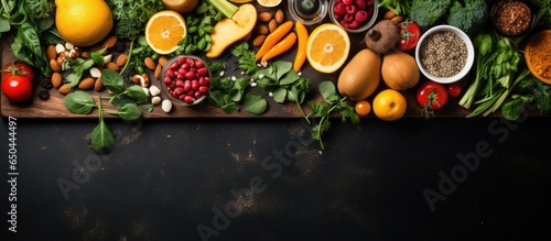 Ingredients for smoothie or juice on glass over chalkboard Top view with copy space Organic veggies nuts seeds Vegetarian vegan detox clean eating idea