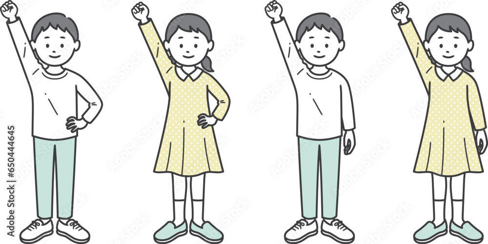 ガッツポーズをする少年少女 斜め