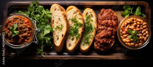 Top view of a glass jar with healthy vegetarian Mexican cuisine toasted bread with bean paste