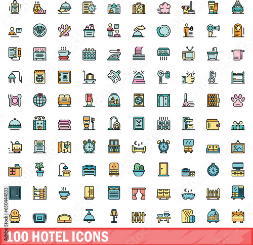 100 hotel icons set. Color line set of hotel vector icons thin line color flat on white