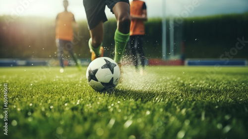 A Minimalist and Dramatic Photo of a Soccer Player Dribbling the Ball photo