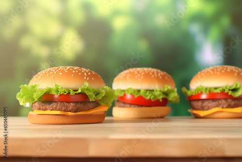 Three hamburgers on the wooden table, abstract nature blurred background. Generative AI