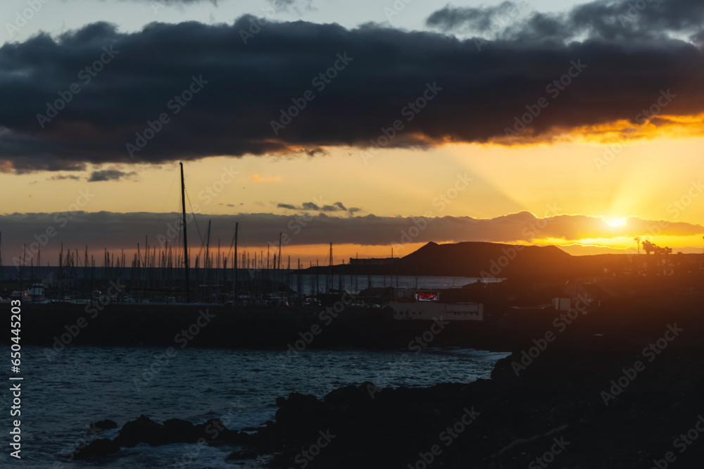 beautiful sunset at ocean coast of Golf de Sur, Tenerife, Canary island