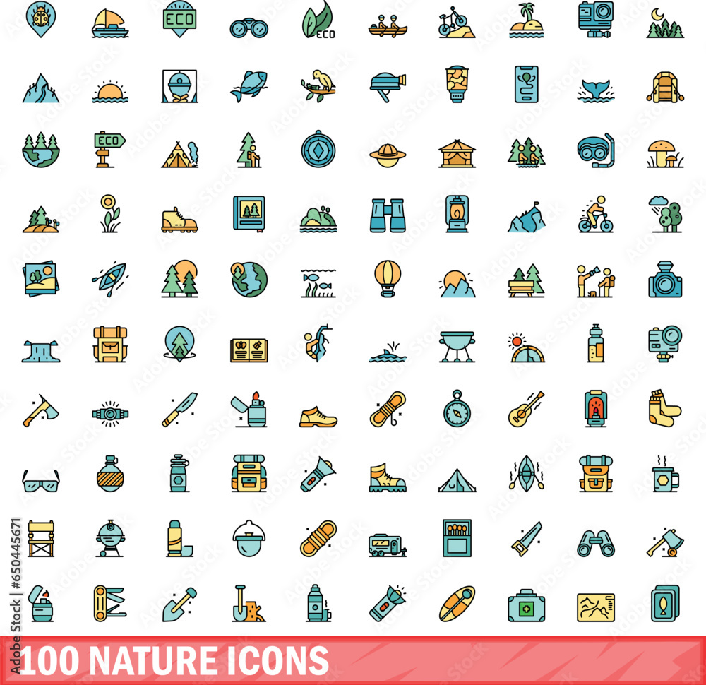 Fototapeta premium 100 nature icons set. Color line set of nature vector icons thin line color flat on white