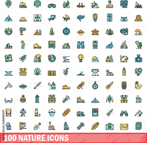 100 nature icons set. Color line set of nature vector icons thin line color flat on white