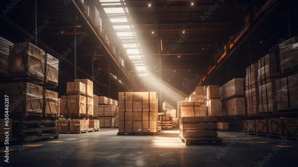 A warehouse full of boxes and pallets. A warehouse full of boxes and pallets.