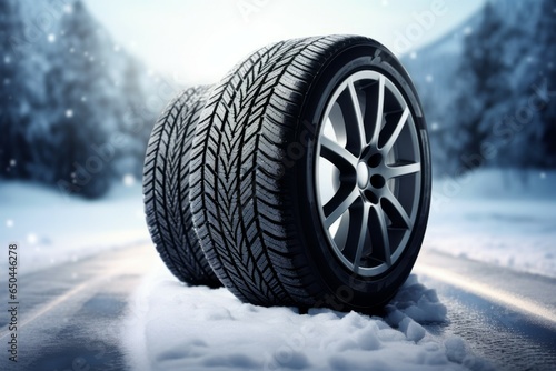New car tires on the snow. Background with selective focus and copy space