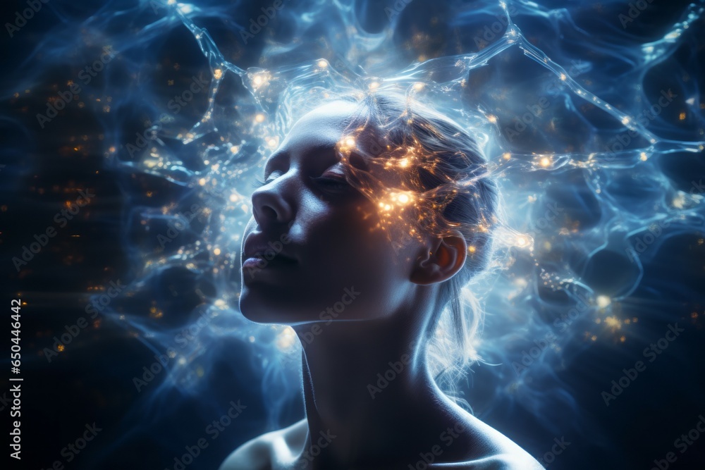Woman on a futuristic fantasy backdrop. Portrait with selective focus and copy space Woman on a futuristic fantasy backdrop. Portrait with selective focus and copy space